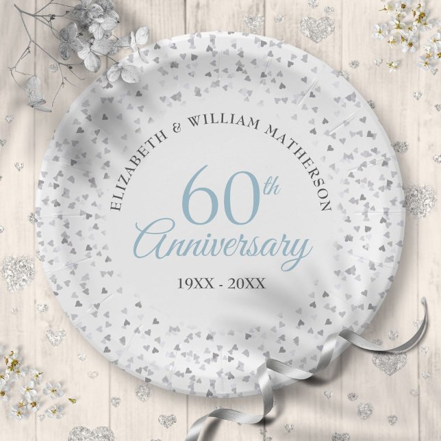 Assiettes En Carton 60e anniversaire de Mariage Amour Coeurs Confetti (60th Wedding Anniversary Love Hearts Confetti Paper Plates)