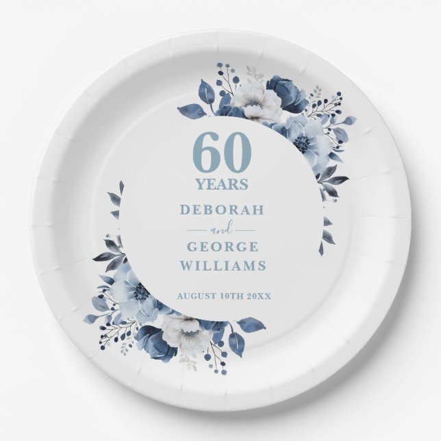 Assiettes En Carton 60e anniversaire du Mariage de diamant botanique m (Devant)