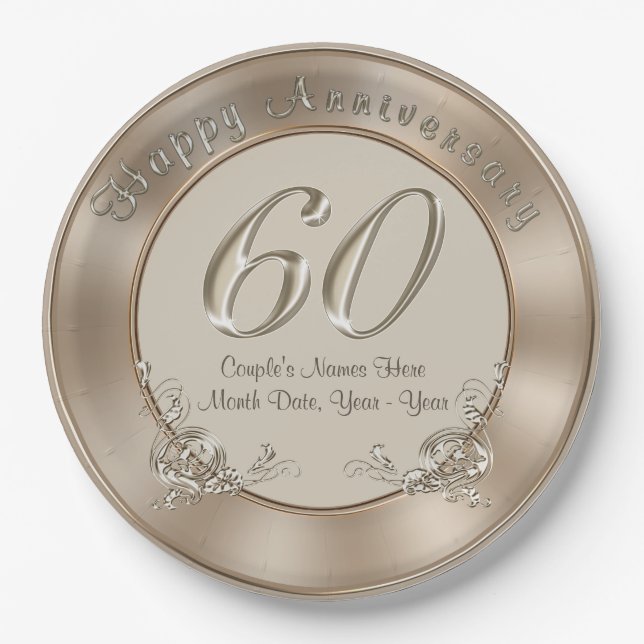 Assiettes En Carton 60e anniversaire du Mariage Plaques avec NOMS, DAT (Devant)