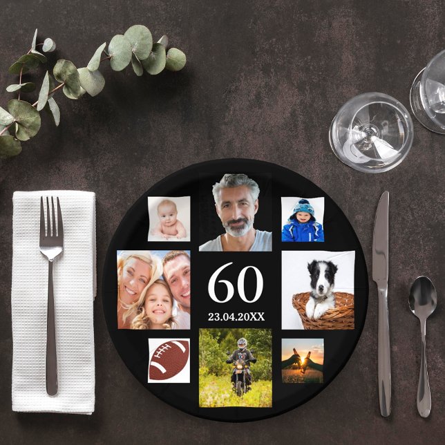 Assiettes En Carton 60e anniversaire fête noir photo collage hommes ga (Créateur téléchargé)