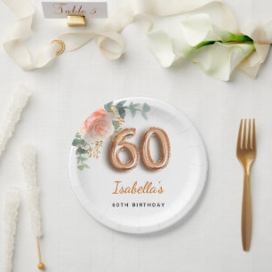 Assiettes En Carton 60e anniversaire fleuri rose or eucalyptus nom