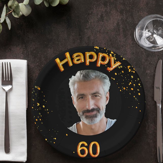 Assiettes En Carton 60e anniversaire photo ballons d'or noir (Créateur téléchargé)