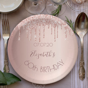 Assiettes En Carton 60e jour de Birthday blush rose gold glitter