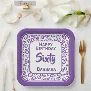 Assiettes En Carton 60e Motif de numéro aléatoire violet/blanc