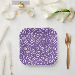 Assiettes En Carton 60e Motif de numéro aléatoire violet/blanc