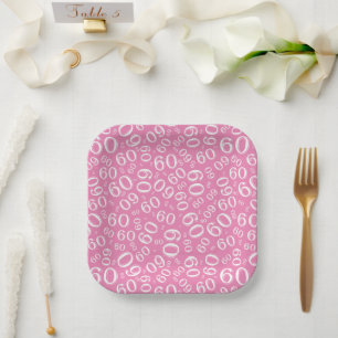 Assiettes En Carton 60e Motif du nombre aléatoire rose/blanc