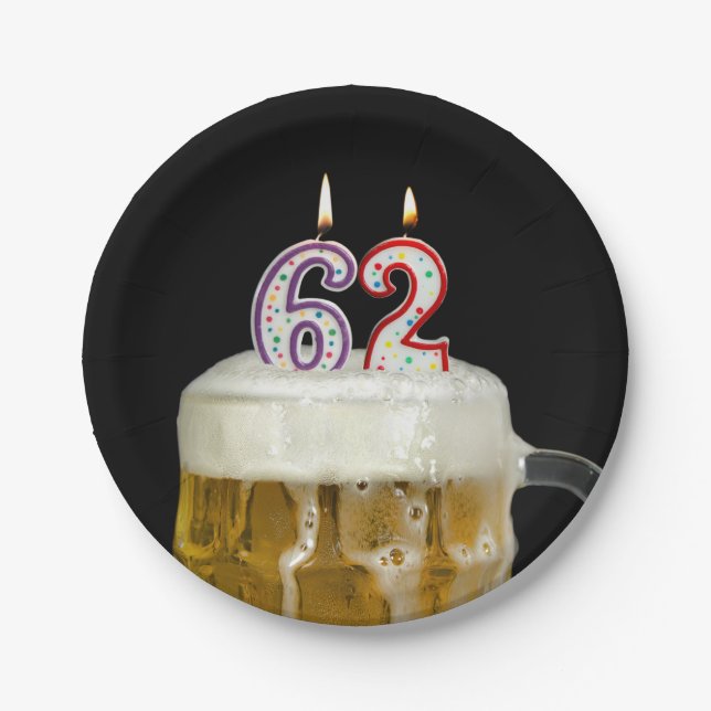 Assiettes En Carton 62e anniversaire bière avec bougie (Devant)