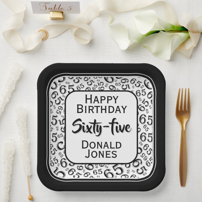 Assiettes En Carton 65th Party Random Number Pattern Black/White (Mariage)