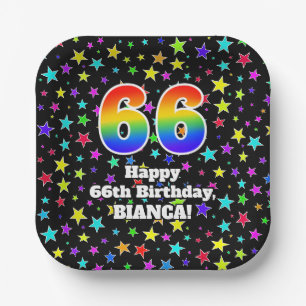 Assiettes En Carton 66e anniversaire : Fun Stars Motif et Rainbow "66"