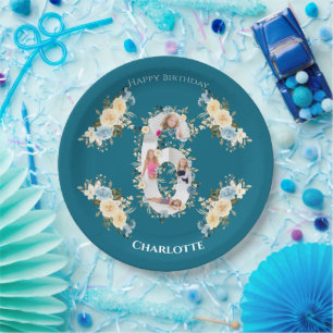 Assiettes En Carton 6e anniversaire Photo Collage bleu Fleur jaune Tur