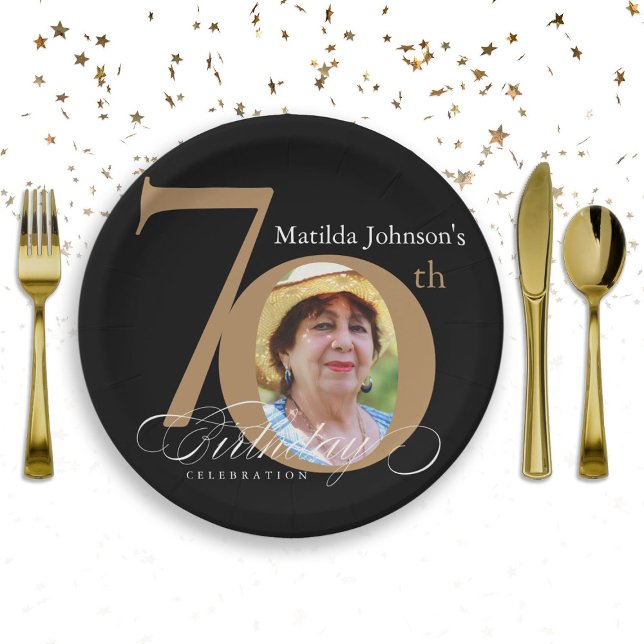 Assiettes En Carton 70e anniversaire Elegant Black Gold Calligraphie (Créateur téléchargé)