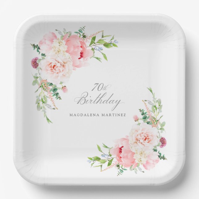 Assiettes En Carton 70e anniversaire fête rose florale Custom (Recto)