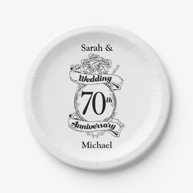 Assiettes En Carton 70e anniversaire Mariage Fleurs Noir et blanc (Devant)