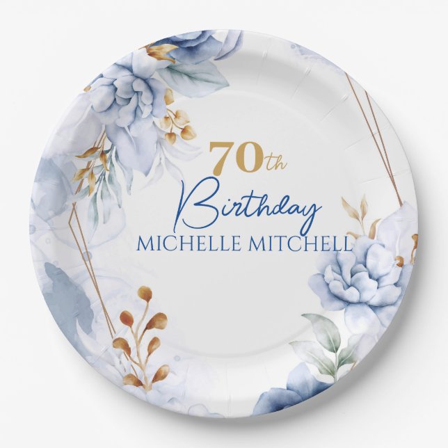 Assiettes En Carton 70e anniversaire personnalisé Blue Gold (Devant)