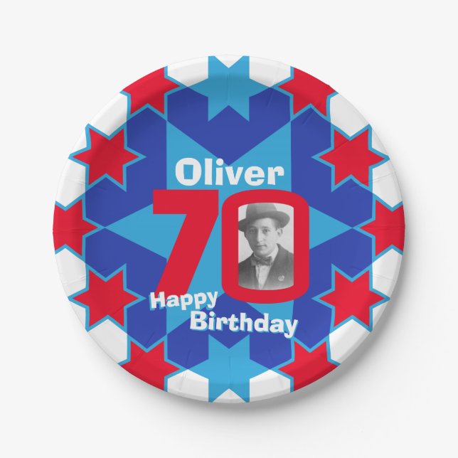 Assiettes En Carton 70e anniversaire photo nom étoile bleue plaque pap (Devant)