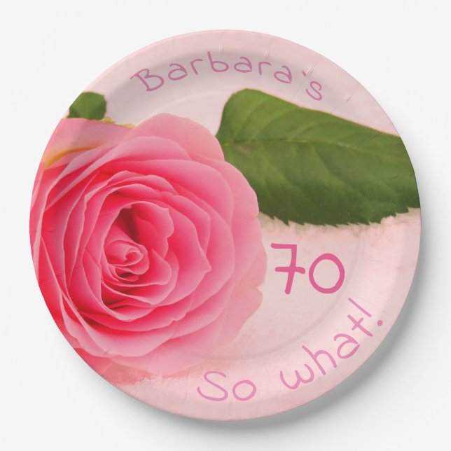 Assiettes En Carton 70e anniversaire Rose rose Nom personnalisé Motiva (Devant)