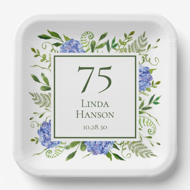 Assiettes En Carton 75e anniversaire Blue Hydrangeas (Recto)