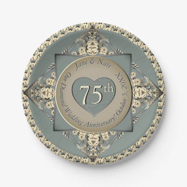 Assiettes En Carton 75e anniversaire du Mariage Diamond (Devant)