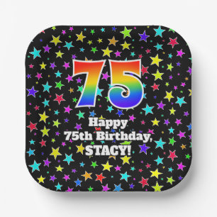 Assiettes En Carton 75e anniversaire : Fun Stars Motif et Rainbow "75"