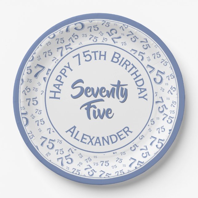 Assiettes En Carton 75e anniversaire Random Number Motif Bleu/Blanc (Devant)