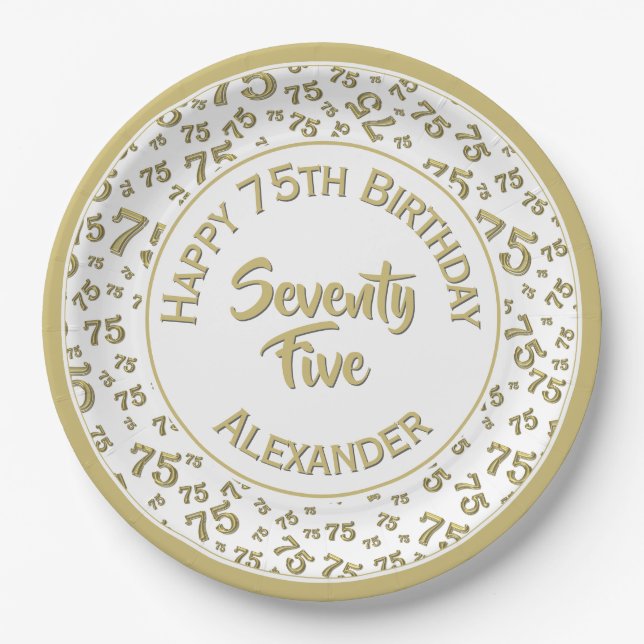Assiettes En Carton 75e anniversaire Random Number Motif Gold/White (Devant)