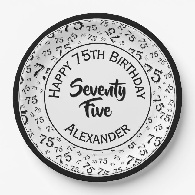 Assiettes En Carton 75e anniversaire Random Number Motif noir/blanc (Devant)
