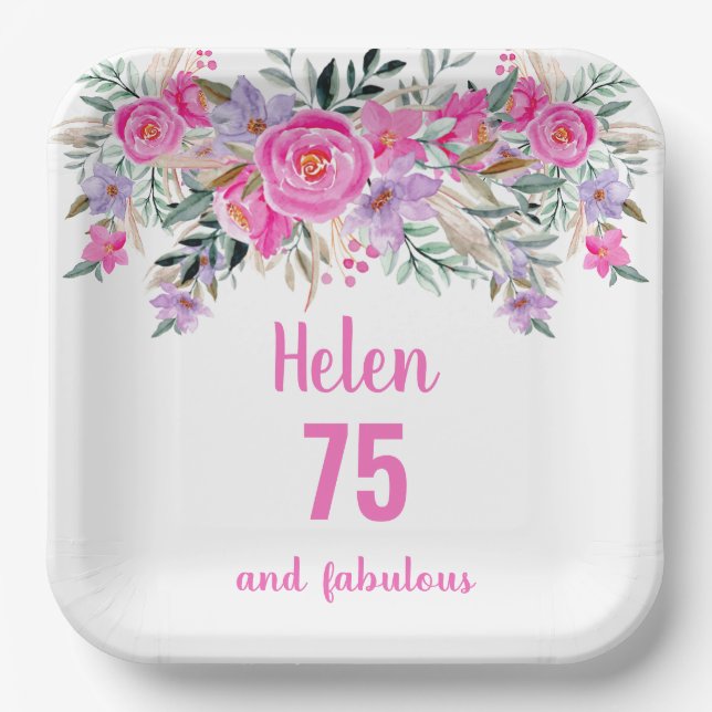 Assiettes En Carton 75e anniversaire rose aquarelle floral (Recto)