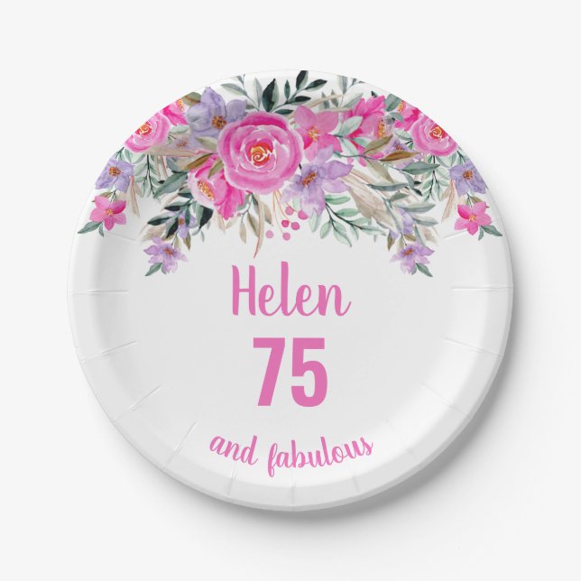 Assiettes En Carton 75e anniversaire rose aquarelle floral (Devant)