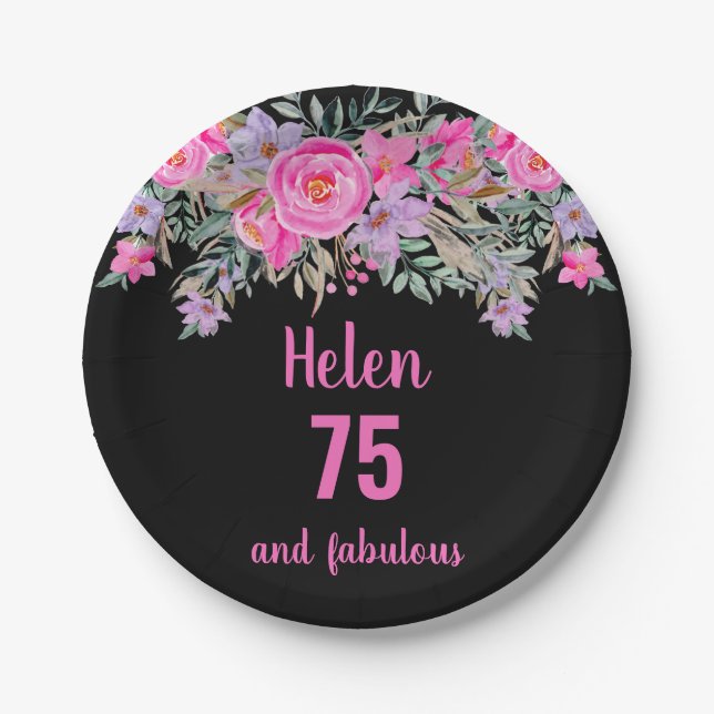 Assiettes En Carton 75e anniversaire rose noir aquarelle florale (Devant)