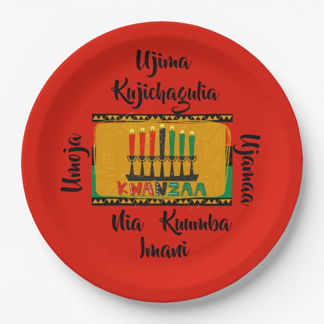Assiettes En Carton 7 Principes des bougies Kwanzaa 9" (Devant)