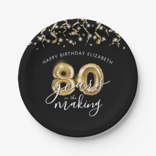 Assiettes En Carton 80e anniversaire Black Gold Balloon Script Streame