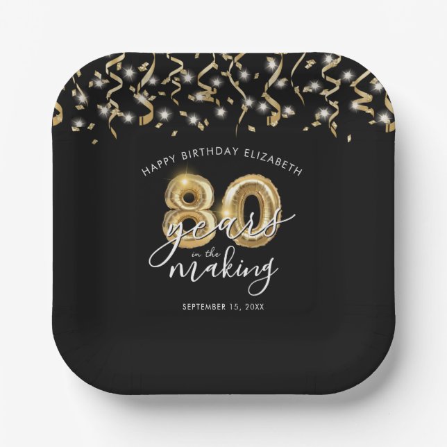 Assiettes En Carton 80e anniversaire Black Gold Script Streamers (Recto)