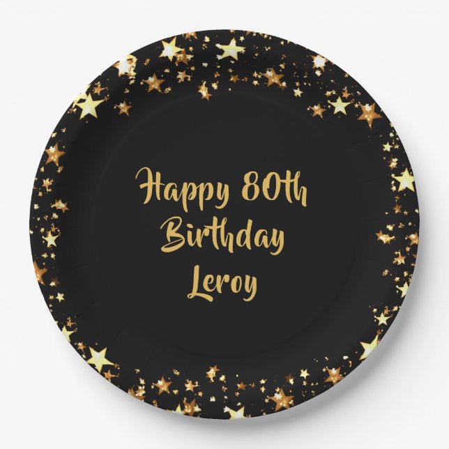 Assiettes En Carton 80e anniversaire Black Gold Stars Nom (Devant)