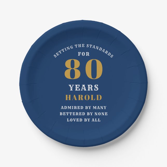 Assiettes En Carton 80e anniversaire Bleu et Or (Devant)