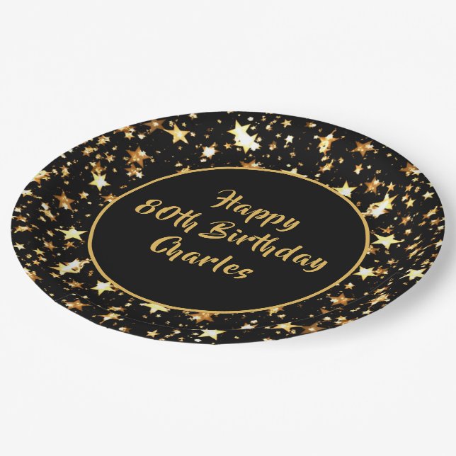 Assiettes En Carton 80e anniversaire Brush Script Gold Stars Personnal (Angle)