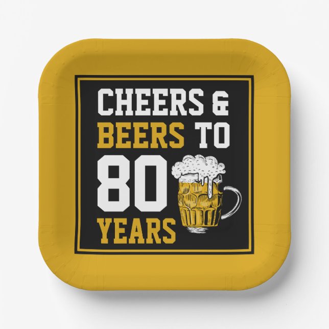 Assiettes En Carton 80e anniversaire Cheers & Bières à 80 ans  (Recto)