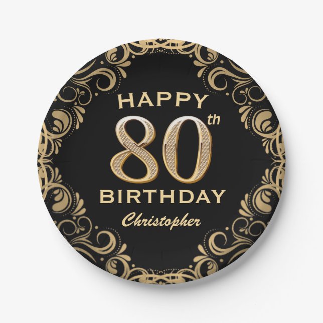 Assiettes En Carton 80e anniversaire de la Parties scintillant Black a (Devant)
