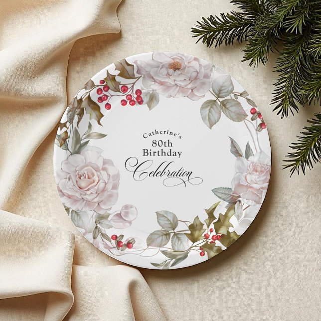 Assiettes En Carton 80e anniversaire Elégant Décembre Floral (Créateur téléchargé)