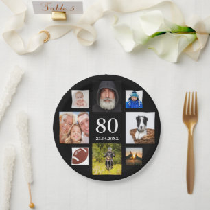 Assiettes En Carton 80e anniversaire fête photo collage mec noir