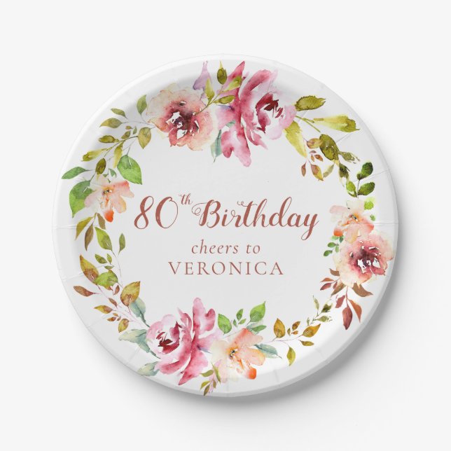 Assiettes En Carton 80e anniversaire fleuri Wreath (Devant)