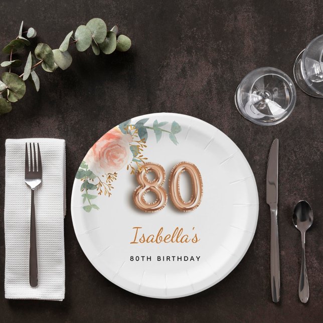 Assiettes En Carton 80e anniversaire floral rose or eucalyptus monogra (Créateur téléchargé)