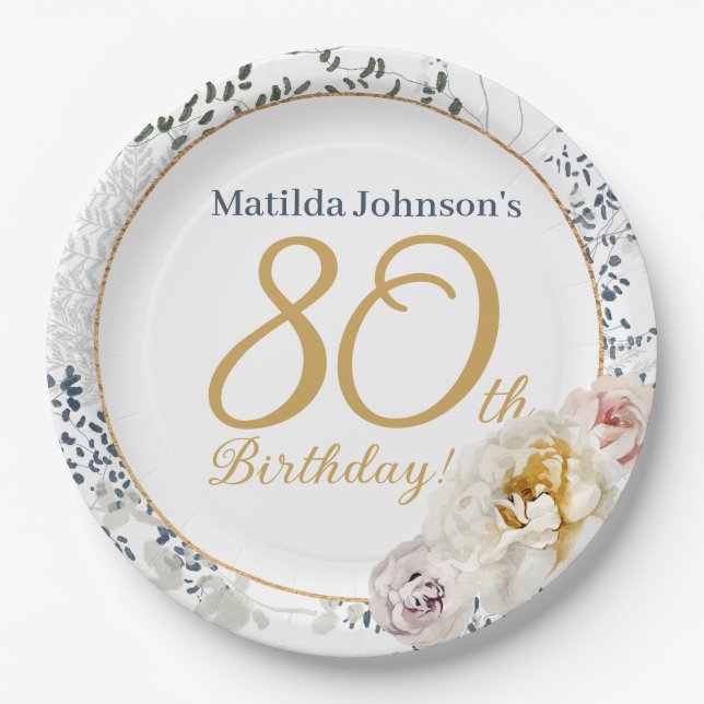 Assiettes En Carton 80e anniversaire Jaune Floral Elégant Photo person (Devant)