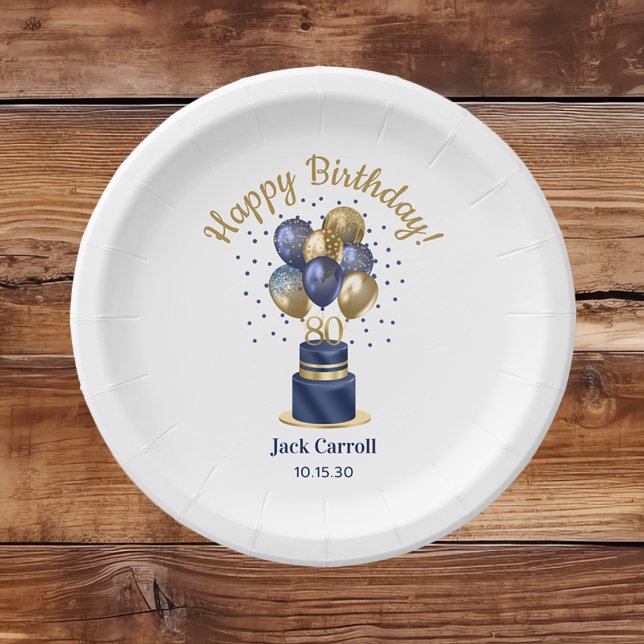 Assiettes En Carton 80e anniversaire Marine Blue Balloon Cake (Créateur téléchargé)