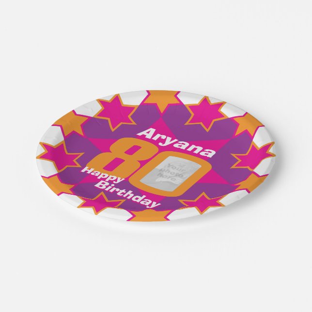 Assiettes En Carton 80e anniversaire photo nom rose étoile plaque papi (Angle)