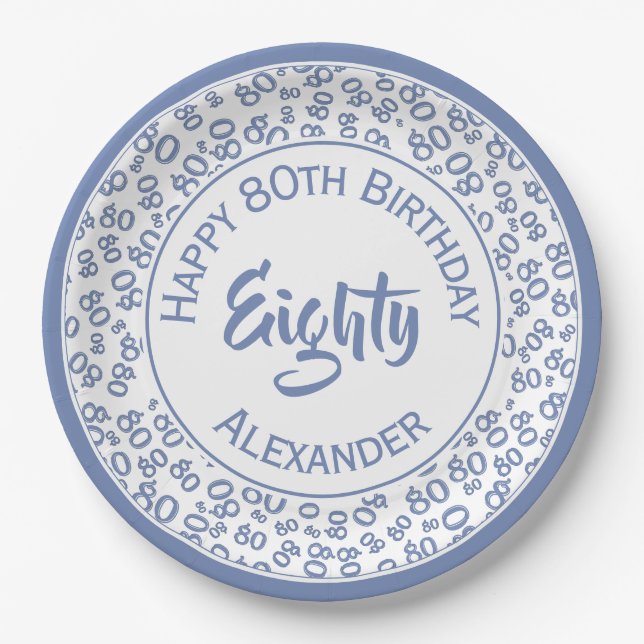 Assiettes En Carton 80e anniversaire Random Number Motif Bleu/Blanc (Devant)