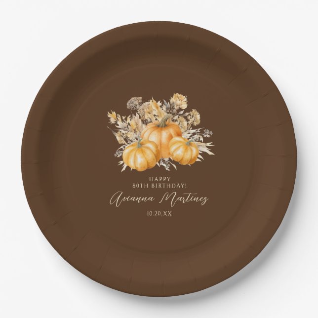 Assiettes En Carton 80e anniversaire Rustic Boho Citrouille automne pe (Devant)