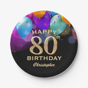 Assiettes En Carton 80e fête d'anniversaire Ballons noirs et or