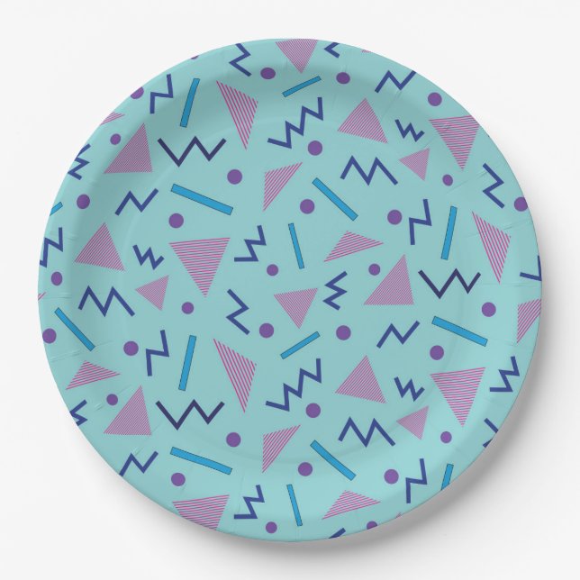 Assiettes En Carton 80s 90s Memphis style bleu géométrique (Devant)