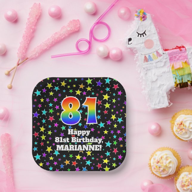 Assiettes En Carton 81e anniversaire : Fun Stars Motif et Rainbow "81" (Fête)
