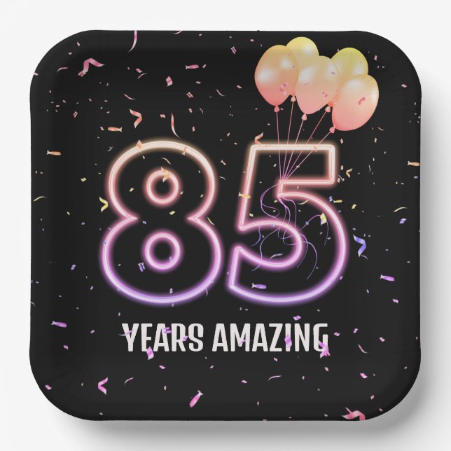 Assiettes En Carton 85e anniversaire Balloons et Confetti (Recto)